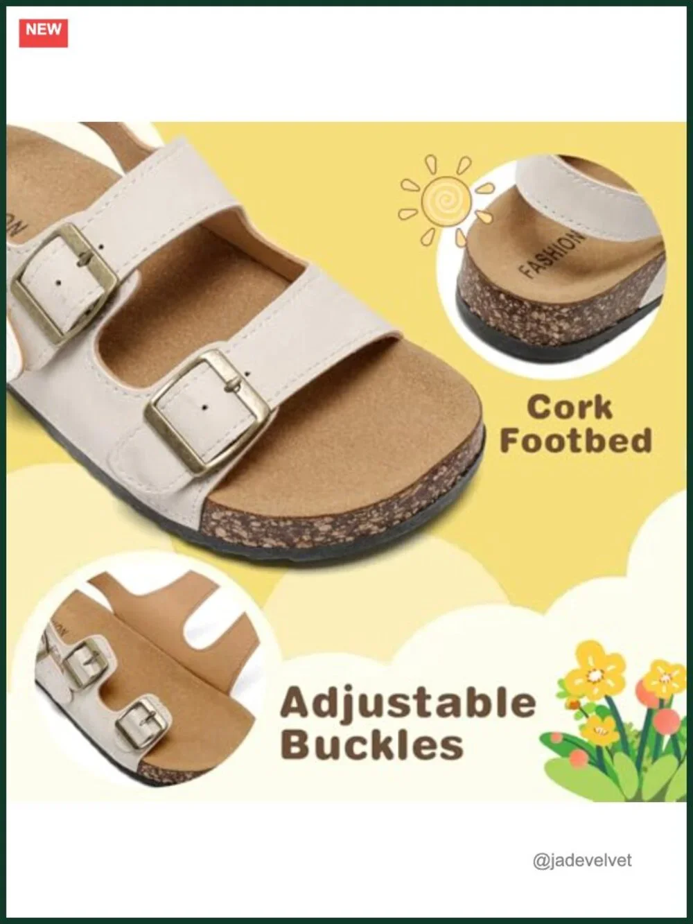 Kids Cork Footbed Sandals - Adjustable Double Buckle Slides with Back Strap